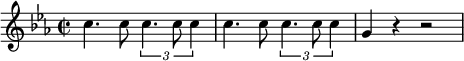 
{ \new PianoStaff <<
\new Staff \relative c'' { \set Staff.midiInstrument = #"piano" \key c \minor \clef treble \time 2/2 \set Score.tempoHideNote = ##t \tempo 2 = 60
  c4. c8 \times 2/3 {
    c4. c8 c4
  }
  | % 2
  c4. c8 \times 2/3 {
    c4. c8 c4
  }
  | % 3
  g4 r4 r2
  }
>> }
