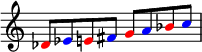 
{
\override Score.TimeSignature #'stencil = ##f
\relative c' {
  \clef treble \key c \major
  \once \override NoteHead.color = #red des8 \once \override NoteHead.color = #blue es \once \override NoteHead.color = #red e! \once \override NoteHead.color = #blue fis \once \override NoteHead.color = #red g \once \override NoteHead.color = #blue a \once \override NoteHead.color = #red bes \once \override NoteHead.color = #blue c
} }
