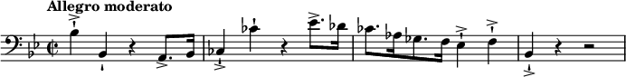 
\relative c' {
\new Staff {
\set Staff.midiInstrument = #"piano" \key bes \major \clef bass \time 2/2 \set Score.tempoHideNote = ##t \tempo "Allegro moderato" 4 = 120
 bes4 -! -> bes,4 -! r4 a8. -> bes16 |
 ces4 -! -> ces'4 -! r4 es8. -> des16 |
 ces8. as16 ges8. f16 es4 -! -> f4 -! -> |
 bes,4 -! -> r4 r2 |
}
}
