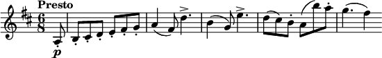 
\version "2.18.2"
\relative c'' {
  \key d \major
  \time 6/8
  \tempo "Presto "
  \tempo 4 = 220
  \partial 8 a,8-. \p 
  b-. cis-. d-.  e-. fis-. g-.
  a4 (fis8) d'4.->
  b4 (g8) e'4.->
  d8 (cis) b-. a (b') a-.
  g4. (fis4)
}
