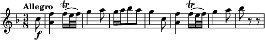 
\relative c' { 
   \version "2.18.2"
   \clef "treble" 
   \key f \major
   \time 3/8
   \tempo "Allegro" 
  \partial 8  c'8 \f
   <a f'>4 f'16\trill (e32 f)
   g4 a8
   g16 a bes8 a
   g4 c,8
   <a f'>4 f'16\trill (e32 f)
   g4 a8
   bes r8 r8
}
