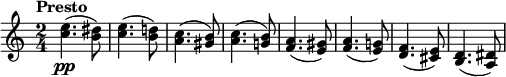 \relative c'' {
\key a \minor
\time 2/4
\tempo "Presto"
<c e>4.(\pp <b dis>8) | <c e>4.( <b d!>8) | <a c>4.( <gis b>8) | <a c>4.( <g! b>8) | 
<f a>4.( <e gis>8) | <f a>4.( <e g!>8) | <d f>4.( <cis e>8) | <b d>4.( <a dis>8) |
}