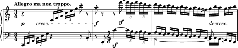 
\relative c' {
 \new PianoStaff <<
  \new Staff {
   \key c \major \time 3/4 \set Score.tempoHideNote = ##t \tempo "Allegro ma non troppo." 4=82
   r4 \times 2/3 { c16[ e g] } \times 2/3 { c e g } c8-. r
   a-. r r f'8_\sf ~ \times 2/3 { f16[ e f] } \times 2/3 { e d c }
   d16*2/3[ c b] c b a b[ a g] a g fis g[ b a] g a b
  }
  \new Dynamics {
   s8\p s\cresc s2 s8\f s s2 s s8\decresc s\!
  }
  \new Staff { \key c \major \time 3/4 \clef bass
   \times 2/3 { c,,,,16[ e g] } \times 2/3 { c e g } r4 r8 c,8-.
   r f,-. \clef treble a'''4_\sf ~ \times 2/3 { a16[ g f] } \times 2/3 { g f e }
   << { f16*2/3[ e d] e d c d[ c b] c b a b8 } \\ { g2~ g16*2/3[ a g] } >> f! e d
  }
 >>
}
