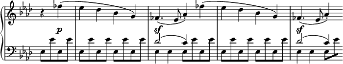 
 \relative c' {
  \new PianoStaff <<
   \new Staff \with { \remove "Time_signature_engraver" } { \key f \minor \time 2/2 \partial 2
    r4 fes'( es des bes g) fes4.( es8 aes4-.) fes'( es des bes g) fes4.( es8 aes4-.)
   }
   \new Dynamics {
    s4 s\p s1 s\sf s s\sf
   }
   \new Staff \with { \remove "Time_signature_engraver" } { \key f \minor \time 2/2 \clef bass
    <<
     { s2 s1 des,2( c4) s4 s1 des2( c4) }
    \\
     {
      es,8 es' es, es' | es, es' es, es' es, es' es, es' | es,4 es es8 es' es, es' |
      es, es' es, es' es, es' es, es' | es,4 es es8[ \set stemRightBeamCount = 1 es']
     }
    >>
   }
  >>
 }
