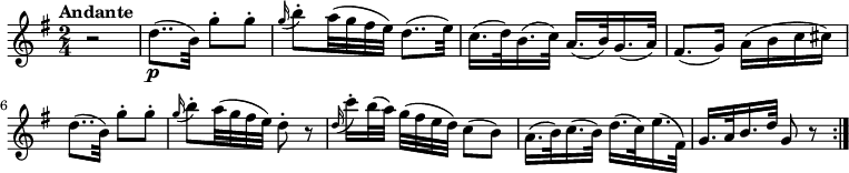 
\version "2.18.2"
\relative c'' {
  \key g \major
  \time 2/4
  \tempo "Andante "
  \tempo 4 = 48
  r2
  d8.. \p (b32) g'8-. g-.
  \grace g16 (b8-.) a32 (g fis e) d8.. (e32)
  c16. (d32) b16. (c32) a16. (b32) g16. (a32)
  fis8. (g16) a (b c cis)
  d8.. (b32) g'8-. g-.
  \grace g16 (b8-.) a32 (g fis e) d8-. r
  \grace d16 (c'16-.) [b32 (a)] g [(fis e d)] c8 (b)
  a16. (b32) c16. (b32) d16. (c32) e16. (fis,32)
  g16. a32 b16. d32 g,8 r \bar ":|."
}
