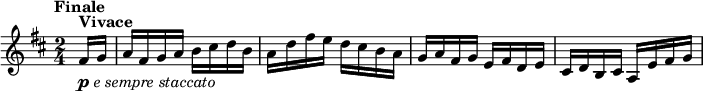  \relative fis' {\set Staff.midiInstrument = #"violin"
\key d \major \time 2/4
  \tempo "Finale"
  \tempo 4 = 158
\partial 8 fis16^\markup\bold{Vivace} _\markup { \musicglyph #"p" \italic "e sempre staccato" } g
a fis g a b cis d b a d fis e d cis b a g a fis g e fis d e cis d b cis a e' fis g
} 