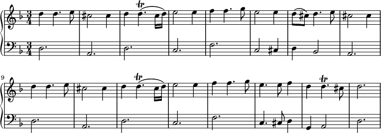 \version "2.18.2"
\new PianoStaff <<
\new Staff {
\key d \minor \time 3/4
d''4 d''4. e''8   cis''2 cis''4
d''4 d''4.\trill\( c''16 d''\)  e''2 e''4
f''4 f''4. g''8  e''2 e''4
d''8\( cis''\) d''4. e''8  cis''2 cis''4
d''4 d''4. e''8   cis''2 cis''4
d''4 d''4.\trill\( c''16 d''\)  e''2 e''4
f''4 f''4. g''8  e''4. e''8 f''4
d''4 d''4.\trill cis''8 d''2.
}
\new Staff {
\clef bass \key d \minor \time 3/4
d2.  a,  d  c  f  c2 cis4  d4 b,2  a,2.
d2.  a,  d  c  f  c4. cis8 d4  g,4 a,2
d2.
}
>> 