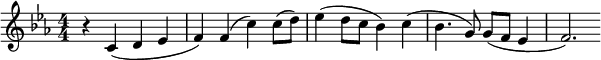  \relative c' { \clef treble \numericTimeSignature \time 4/4 \tempo "" \tempo 4 = 132 \key c \minor r4 c( d ees | f) f( c') c8( d) | ees4( d8 c bes4) c( | bes4. g8) g( f ees4 | f2.) } 