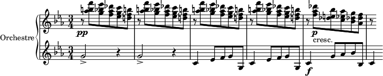 
\version "2.14.2"
\header {
  tagline = ##f
}
upper = \relative c'' {
  \clef treble 
  \key ees \major
  \time 3/4
  \tempo 4 = 110
  %\autoBeamOff
   \set Staff.midiInstrument = #"string ensemble 1"

   %%%%%%%%%%%%%%%%% AB-8-2 th1

  r8\pp \repeat unfold 4 { < f' b,! aes >8 < ees bes g > < des aes f > < c g ees > < b! f d! > r8 }
  < des aes f >8\p-"cresc." < bes e,! des > < aes ees c > < g des! bes > < f des aes > r8

}

lower = \relative c' {
  \clef bass
  \key ees \major
  \time 3/4
  \set Staff.midiInstrument = #"string ensemble 1"
    
   \clef treble \repeat unfold 2 { g'2-> r4 } \repeat unfold 2 { c,4 ees8 f g g, } c4\f g'8 aes bes bes, c4
   
} 

\score {
  \new PianoStaff <<
    \set PianoStaff.instrumentName = #"Orchestre"
    \new Staff = "upper" \upper
    \new Staff = "lower" \lower
  >>
  \layout {
    \context {
      \Score
      \remove "Metronome_mark_engraver"
    }
  }
  \midi { }
}
