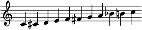 
\relative c'
\new Staff \with {\remove "Time_signature_engraver"}
{
\time 10/1
\autoBeamOff
\clef treble
\override Rest #'style = #'classical
c4 cis d e f fis g a bes b c
}
