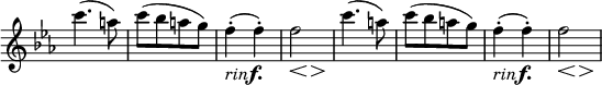 
\relative c''' \new Staff \with { \remove "Time_signature_engraver" } {
 \key es \major \time 2/4 \set Score.tempoHideNote = ##t \tempo "" 4=140
 c4.( a8) c( [ bes a g] ) f4-._\markup { \concat { \italic rin \dynamic f. } } ( f-.)
 << { s4\< s8\> s\! } \\ { f2 } >>
 c'4.( a8) c( [ bes a g] ) f4-._\markup { \concat { \italic rin \dynamic f. } } ( f-.)
 << { s4\< s8\> s\! } \\ { f2 } >>
}
