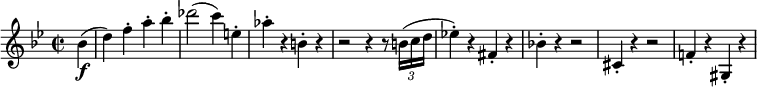 
\relative c'' {
 \key g \minor
 \time 2/2
 \partial 4 bes\f( |
 d4) f-. a-. bes-. |
 des2( c4) e,-. |
 as4-. r b,-. r |
 r2 r4 r8 \times 2/3 { b16( c d } |
 es!4-.) r fis,-. r |
 bes!4-. r r2 |
 cis,4-. r r2 |
 f!4-. r gis,-. r |
}
