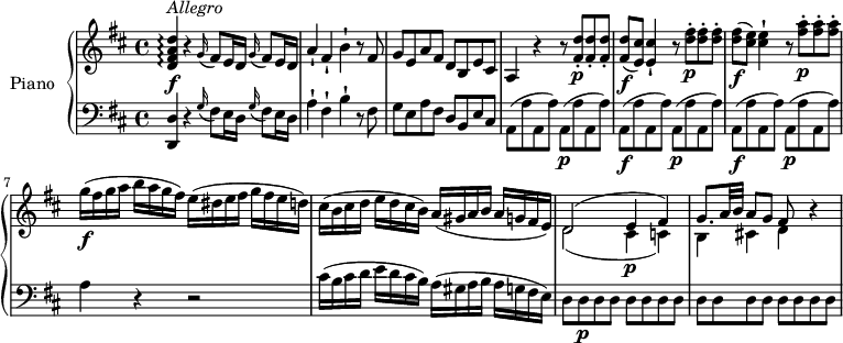 
\version  "2.18.2"
\header {
  tagline = ##f
}
upper = \relative c' {
  \clef treble
  \key d \major
  \time 4/4
  \tempo "Allegro"
  \tempo 4 = 130
  %\autoBeamOff

  <d fis a d>4\arpeggio \f ^\markup{ \italic {Allegro } } r
  \repeat unfold 2 {\grace g16 (fis8) e16 d}
  a'4-! fis-! b-! r8 fis8
  g e a fis d b e cis
  a4 r r8 <fis' d'>8-. \p <fis d'>-. <fis d'>-.
  <fis d'> \f (<e cis'>) <e cis'>4-! r8 <d' fis>-. \p <d fis>-. <d fis>-.
  <d fis>\f (<cis e>) <cis e>4-! r8 <fis a>-. \p <fis a>-. <fis a>-.
  g16 \f  (fis g a b a g fis) e (dis e fis g fis e d)
  cis (b cis d e d cis b) a (gis a b a g fis e)
  <<{\stemDown d2 _ (cis4\p c) b cis! d} \\ {\stemUp d2 ^(e4 fis) g8. a32 b a8 g fis}>> r4
}

lower = \relative c' {
  \clef bass
  \key d \major
  \time 4/4
  \set Staff.midiMinimumVolume = #0.2 \set Staff.midiMaximumVolume = #0.5
  <d,, d'>4   r4  \repeat unfold 2 { \grace g'16 (fis8) e16 d }
  a'4-! fis-! b-! r8 fis8
  g e a fis d b e cis
  a (a ' a, a')  a, \p  (a ' a, a') 
  \repeat unfold 2 { a, \f (a ' a, a')  a, \p  (a ' a, a')  }
  a4 r4 r2
  cis16 (b cis d e d cis b) a (gis a b a g fis e)
  d8 d \p \repeat unfold 14 { d }
}

\score {
  \new PianoStaff <<
    \set PianoStaff.instrumentName = #"Piano"
    \new Staff = "upper" \upper
    \new Staff = "lower" \lower
  >>
  \layout {
    \context {
      \Score
      \remove "Metronome_mark_engraver"
    }
  }
  \midi { }
}
