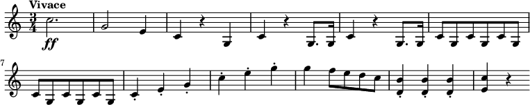 
\version "2.18.2"
\relative c'' {
  \key c \major
  \time 3/4
  \tempo "Vivace "
  \tempo 4 = 165
  c2. \ff
  g2 e4
  c r g
  c r g8. g16
  c4 r g8. g16
  c8 g c g c g\break
  c g c g c g
  c4-. e-. g-.
  c-. e-. g-.
  g f8 e d c
  <d, b'>4-. <d b'>-. <d b'>-. 
  <e c'> r
}
