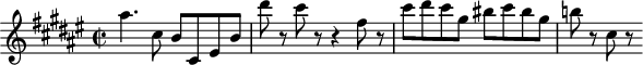 
\header {
  tagline = ##f
}

\score {
  \new Staff \with {

  }
<<
  \relative c'' {
    \key fis \major
    \time 2/2
    \tempo 2 = 68
    \override TupletBracket #'bracket-visibility = ##f 
    %\autoBeamOff
    \set Staff.midiInstrument = #"string ensemble 1"

     %%%%%%%%%%%%%%%%%%%%%%%%%% AB 3-4 th2
     ais'4. cis,8 b cis, eis b' dis'8 r8 cis r8 r4 fis,8 r8 cis' dis cis gis bis cis bis gis b!8 r8 cis,8 r8

  }
>>
  \layout {
    \context { \Score \remove "Metronome_mark_engraver"
    }
  }
  \midi {}
}
