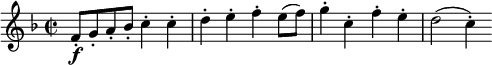 
\new Score {
  \new Staff {
    \relative c' {
      \time 2/2
      \clef treble
      \key f \major
      \set Score.tempoHideNote = ##t
      \tempo 2 = 100
      f8-.\f g-. a-. bes-. c4-. c4-. | d4-. e-. f-. e8(f) |
      g4-. c,-. f-. e-. | d2( c4-.)
    }
  }
}

