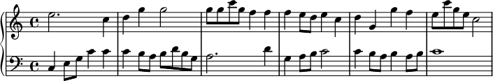 
%\version "2.14.2"
\header { tagline = ##f }
upper = \relative c'' { \clef treble \key c \major \time 4/4 \tempo 4 = 187 \set Staff.midiInstrument = "flute"
e2. c4 |
d4 g4 g2 |
g8 [ g8 c8 g8] f4 f4 |
f4 e8 [ d8 ] e4 c4 |
d4 g,4 g'4 f4 |
e8 [ c'8 g8 e8 ] c2 |
}
lower = \relative c {
\clef bass \key c \major \time 4/4 \set Staff.midiInstrument = "cello"
c4 e8 [ g8 ] c4 c4  |
c4 b8 [ a8 ] b8 [ d8 b8 g8 ] |
a2. d4 |
g,4 a8 [ b8 ] c2 |
c4 b8 [ a8 ] b4 a8 [ b8 ] |
c1 |
}
\score {
  \new PianoStaff <<
    \new Staff = "upper" \upper
    \new Staff = "lower" \lower
  >>
  \layout {
    \context {
      \Score
      \remove "Metronome_mark_engraver"
    }
  }
 \midi { }
}
