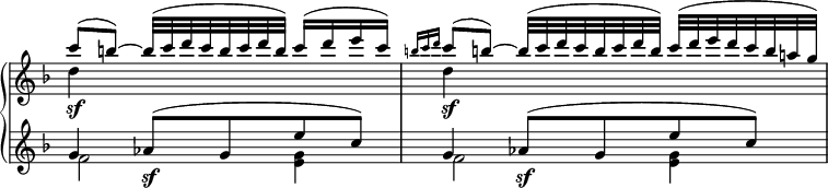 
 \relative c' {
  \new PianoStaff <<
   \new Staff \with { \remove "Time_signature_engraver" } { \key f \major \time 3/4
    <<
     {
      c''8( b)~ b32( c d c b c d b) c16( d e c)
      \grace { b16[ c d] } c8( b!)~ b32( c d c b c d b) c( d e d c b a! g)
     }
    \\
     { d4_\sf s2 d4_\sf s2 }
    >>
   }
   \new Staff \with { \remove "Time_signature_engraver" } { \key f \major \time 3/4
    <<
     { g,4 aes8_\sf ( g e' c) g4 aes8_\sf ( g e' c) }
    \\
     {
      f,2 <g e>4 f2 <g e>4
     }
    >>
   }
  >>
 }
