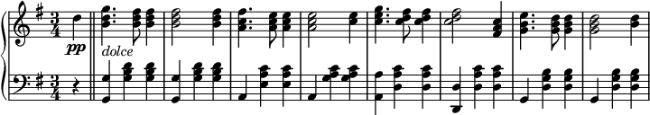 
 \relative b' {
  \new PianoStaff <<
   \new Staff { \key e \minor \time 3/4
    \tempo \markup { 
     \column {
   }
    }
    \partial 4 d\pp \bar "||" <b d g>4._\markup { \italic dolce } <b d fis>8 <b d fis>4 <b d fis>2 <b d fis>4 <a c fis>4. <a c e>8 <a c e>4 <a c e>2 <c e>4 <c e g>4. <c d fis>8 <c d fis>4 <c d fis>2 <fis, a c>4 <g b e>4. <g b d>8 <g b d>4 <g b d>2 <b d>4
   }
   \new Staff { \key e \minor \time 3/4 \clef bass
    r4 <g,, g'> <g' b d> <g b d> <g, g'> <g' b d> <g b d> a, <e' a c> <e a c> a, <g' a c> <g a c> <a, a'> <d a' c> <d a' c> <d d,> <d a' c> <d a' c> g, <d' g b> <d g b> g, <d' g b> <d g b> }
  >>
 }
