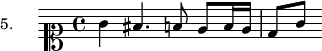 
\version "2.18.2"
\header {
  tagline = ##f
}

\score {
  \new Staff \with {

  }
<<
  \relative c'' {
    \set Staff.instrumentName = #"5."
    \key c \major
    \clef soprano
    \time 4/4
    \set Staff.midiInstrument = #"recorder" 
     %%%%%% section 5
     g4 fis4. f!8 e f16 e d8[ g]

  }
>>
  \layout {
     \context { \Score \remove "Metronome_mark_engraver" }
  }
  \midi {}
}
