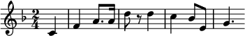 
\relative c' { 
  \set Staff.midiInstrument = #"piano"
  \key f \major
  \time 2/4
   \partial 4 c f4 a8. a16 d8 r8 d4 c4 bes8 e, g4.
}
