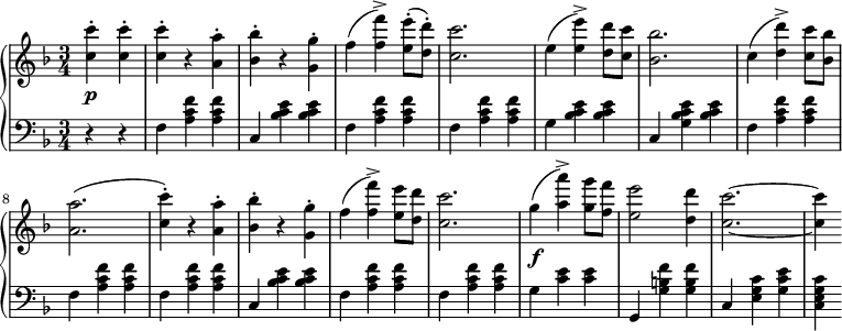 
 \relative b' {
  \new PianoStaff <<
   \new Staff { \key d \minor \time 3/4 \partial 2 \set Score.tempoHideNote = ##t \tempo "" 2. = 48
    <<
   {
     <c c'>-. <c c'>-. <c c'>-. r <a a'>-. <bes bes'>-. r <g g'>-. f'( <f f'>->) <e e'>8-.( <d d'>-.) <c c'>2. e4( <e e'>->) <d d'>8 <c c'> <bes bes'>2. c4( <d d'>->) <c c'>8 <bes bes'> <a a'>2.( <c c'>4-.) r <a a'>-. <bes bes'>-. r <g g'>-. f'( <f f'>->) <e e'>8 <d d'> <c c'>2. g'4\f( <a a'>->) <g g'>8 <f f'> <e e'>2 <d d'>4 <c c'>2.~ <c c'>4
   }
    >>
   }
   \new Dynamics {
    s\p
   }
   \new Staff { \key d \minor \time 3/4 \clef bass \partial 2
    r4 r f,, <a c f> <a c f> c, <bes' c e> <bes c e> f <a c f> <a c f> f <a c f> <a c f> g <bes c e> <bes c e> c, <g' bes c e> <bes c e> f <a c f> <a c f> f <a c f> <a c f> f <a c f> <a c f> c, <bes' c e> <bes c e> f <a c f> <a c f> f <a c f> <a c f> g <c e> <c e> g, <g' b f'> <g b f'> c, <e g c> <g c e> <c, e g c>
   }
  >>
 }
