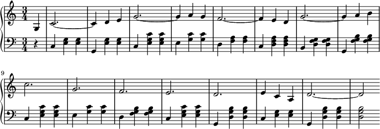 
 \relative b' {
  \new PianoStaff <<
   \new Staff { \key a \minor \time 3/4 \partial 4
    \set Score.tempoHideNote = ##t
     \tempo "" 2. = 56
     g, c2.~ c4 d e g2.~ g4 a g f2.~ f4 e d g2.~ g4 a b c2. g f e d e4 c a d2.~ d2
   }
   \new Staff { \key a \minor \time 3/4 \clef bass \partial 4
    r4 c,4 <e g> <e g> g, <e' g> <e g> c <e g c> <e g c> e <g c> <g c> d <f a> <f a> c <d f a> <d f a> b <d f g> <d f g> g, <f' g b> <f g b> c <e g c> <e g c> e <g c> <g c> d <f g b> <f g b> c <e g c> <e g c> g, <d' g b> <d g b> c <e g> <e g> g, <d' g b> <d g b> <d g b>2
   }
  >>
 }