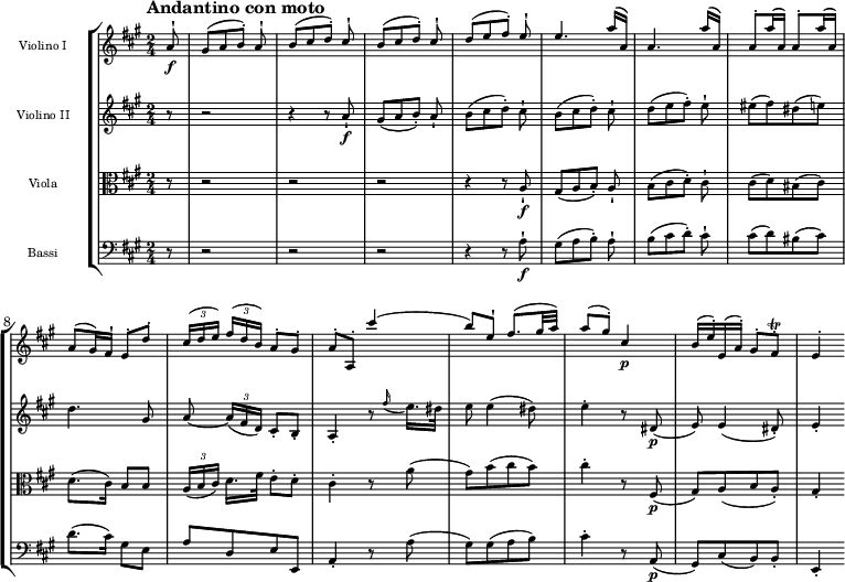 
{
\new StaffGroup << 
\new Staff \with {\magnifyStaff #5/7 } << 
\new Voice \relative c'' {\voiceOne \set Staff.instrumentName = "Violino I" \set Staff.midiInstrument = violin \tempo "Andantino con moto" \tempo 4 = 60 \clef treble \key a \major \time 2/4 \partial 8
a8-!\f
gis [(a b)]-. a-!
b [(cis d)]-. cis-!
b [(cis d)]-. cis-!
d [(e fis)]-. e-!
e4. a16 (a,) 
a4. a'16 (a,) 
a8-. a'16 (a,) 
a8-. a'16 (a,)
a8 (gis16) fis-! e8-. d'-.
\tuplet 3/2 {[cis16 (d e)]} \tuplet 3/2 {[fis16 (d b)]} a8-. gis-.
a-. a,-. cis''4
(b8) e,-! fis8. (gis32 a) a8 (gis)-. cis,4\p
b16 (e)-. e, (a)-. gis8-. fis-. \trill
e4-.
}  
  >>
\new Staff \with {\magnifyStaff #5/7 } << 
\new Voice \relative c'' {\set Staff.instrumentName = "Violino II" \set Staff.midiInstrument = violin \clef treble \key a \major \time 2/4
r8
r2
r4 r8 a8-!\f
gis [(a b)]-. a-!
b [(cis d)]-. cis-!
b [(cis d)]-. cis-!
d [(e fis)]-. e-!
eis [(fis) dis (e)]
d4. gis,8
a8~ \tuplet 3/2 {[a16 (fis d)]} cis8-. b-.
a4-. r8 \grace fis''16 (e16.) dis32
e8 e4 (dis8)
e4-. r8 dis,\p
(e) e4 (dis8)-.
e4-.
}
  >>
\new Staff \with { \magnifyStaff #5/7 } <<
\new Voice \relative c' {\set Staff.instrumentName = Viola \set Staff.midiInstrument = viola \clef alto \key a \major \time 2/4
r8
r2
r2
r2
r4 r8 a8-!\f
gis [(a b)]-. a-!
b [(cis d)]-. cis-!
cis [(d) bis (cis)]
d8. (cis16) b8 b
\tuplet 3/2 {[a16 (b cis)]} d16. fis32  e8-. d-.
cis4-. r8 a'8
(gis) [b (cis b)]
cis4-. r8 fis,,8\p
(gis) [a (b a)]-.
gis4-. 

}
  >>
\new Staff \with { \magnifyStaff #5/7 } <<
\new Voice \relative c' {\set Staff.instrumentName = Bassi \set Staff.midiInstrument = cello \clef bass \key a \major \time 2/4
r8
r2
r2
r2
r4 r8 a8-!\f
gis [(a b)]-. a-!
b [(cis d)]-. cis-!
cis [(d) bis (cis)]
d8. (cis16) gis8 e
a8 [d, e e,]
a4-. r8 a'
(gis) [gis (a b)]
cis4-. r8 a,\p
(gis) [cis (b) b-.]
e,4-.
}
>> >> }
\layout { indent = 2.0\cm }
