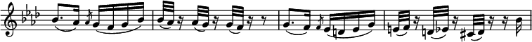 
\relative c'' \new Staff \with { \remove "Time_signature_engraver" } {
 \key aes \major \time 2/4 \set Score.tempoHideNote = ##t \tempo "" 4=50
 bes8.( aes16) \slashedGrace aes8 g16( f g bes)
 bes32( aes) r16 aes32( g) r16 g32( f) r16 r8
 g8.( f16) \slashedGrace f8 es16( d es g)
 e32( f) r16 d32( es) r16 cis32( d) r16 r bes'
}
