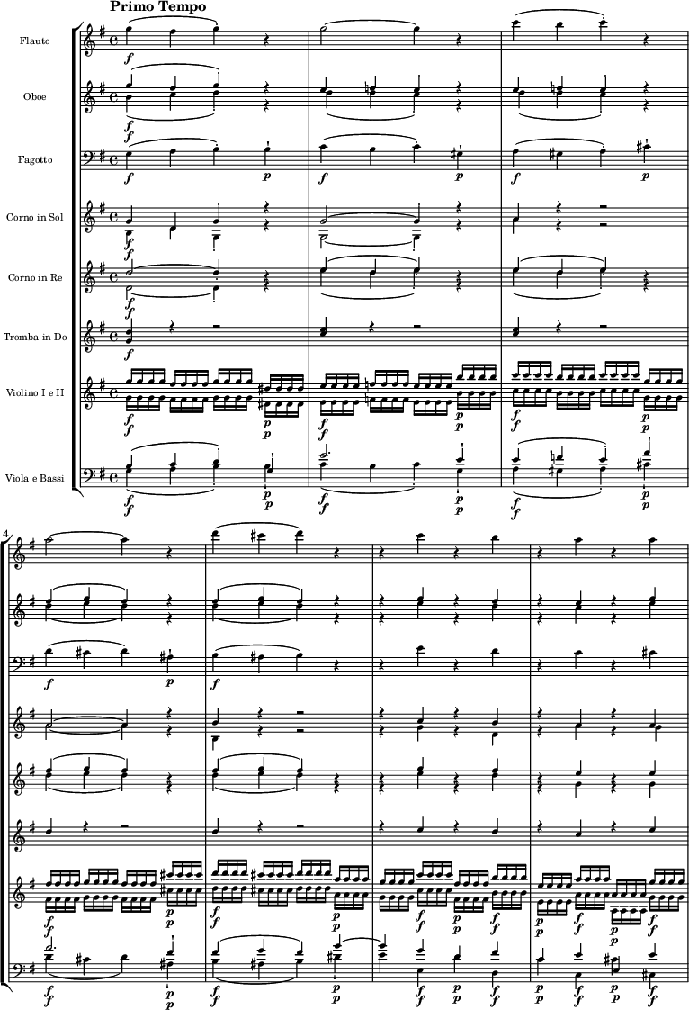 
{
\new StaffGroup << 
\new Staff \with {\magnifyStaff #5/7 } << 
\new Voice \relative c'' {\set Staff.instrumentName = Flauto \set Staff.midiInstrument = flute \tempo "Primo Tempo" \tempo 4 = 145 \clef treble \key g \major \time 4/4
g'4\f (fis g)-. r
g2~ g4 r 
c (b c)-. r
a2~ a4 r
d (cis d) r
r c r b
r a r a
}  
  >>
\new Staff \with {\magnifyStaff #5/7 } << 
\new Voice \relative c'' {\voiceOne \set Staff.instrumentName = Oboe \set Staff.midiInstrument = oboe \clef treble \key g \major \time 4/4
g'4\f (fis g)-. r
e f e-. r
e f e-. r
fis (g fis) r
fis (g fis) r
r g r fis
r e r g
}  
\new Voice \relative c'' {\voiceTwo \set Staff.midiInstrument = oboe \clef treble \key g \major \time 4/4
b4\f (c d)-. r
d (d c)-. r
d (d c)-. r
d (e d) r
d (e d) r
r e r d
r c r e
}  
  >>
\new Staff \with {\magnifyStaff #5/7 } << 
\new Voice \relative c' {\set Staff.instrumentName = Fagotto \set Staff.midiInstrument = bassoon \clef bass \key g \major \time 4/4
g4\f (a b)-. b-!\p
c\f (b c)-. gis-!\p
a\f (gis a)-. cis-!\p
d\f (cis d) ais-!\p
b\f (ais b) r
r e r d
r c r cis
}  
  >>
\new Staff \with {\magnifyStaff #5/7 } << 
\new Voice \relative c' {\voiceOne \set Staff.instrumentName = "Corno in Sol" \set Staff.midiInstrument = "french horn" \clef treble \key g \major \time 4/4
g'4\f d g-. r
g2~ g4-. r
a r4 r2
a2~ a4 r
b r r2
r4 c r b
r a r a
}  
\new Voice \relative c' {\voiceTwo \set Staff.midiInstrument = "french horn" \clef treble \key g \major \time 4/4
b4\f d g,-. r
g2~ g4-. r
a' r4 r2
a2~ a4 r
b, r r2
r4 g' r d
r a' r g
}  
  >>
\new Staff \with {\magnifyStaff #5/7 } << 
\new Voice \relative c' {\set Staff.instrumentName = "Corno in Re" \set Staff.midiInstrument = "french horn" \clef treble \key g \major \time 4/4
\stemUp d'2\f^~ d4-. r
e ^(d e)-. r
e ^(d e)-. r
fis ^(g fis) r
fis ^(g fis) r
r g r fis 
r e r e
}  
\new Voice \relative c' {\voiceTwo \set Staff.midiInstrument = "french horn" \clef treble \key g \major \time 4/4
d2\f~ d4-. r
e' (d e)-. r
e (d e)-. r
d (e d) r
d (e d) r
r e r d
r g, r g
}
  >>
\new Staff \with {\magnifyStaff #5/7 } << 
\new Voice \relative c'' {\voiceOne \set Staff.instrumentName = "Tromba in Do" \set Staff.midiInstrument = "english horn" \clef treble \key g \major \time 4/4
<g d'>4\f r r2
<c e>4 r r2
<c e>4 r r2
d4 r r2
d4 r r2
r4 e r d
r c r e
}  
  >>
\new Staff \with {\magnifyStaff #5/7 } << 
\new Voice \relative c'' {\set Staff.instrumentName = "Violino I e II" \set Staff.midiInstrument = violin \clef treble \key g \major \time 4/4
\stemUp g'16\f g g g fis fis fis fis g g g g dis\p dis dis dis
e\f e e e f f f f e e e e b'\p b b b
c\f c c c b b b b c c c c g\p g g g
fis\f fis fis fis g g g g fis fis fis fis cis'\p cis cis cis
d\f d d d cis cis cis cis d d d d a\p a a a
g g g g c\f c c c fis,\p fis fis fis b\f b b b
e,\p e e e a\f a a a a,\p a a a g'\f g g g
}  
\new Voice \relative c'' {\voiceTwo \set Staff.midiInstrument = violin \clef treble \key g \major \time 4/4
\stemDown g16\f g g g fis fis fis fis g g g g dis\p dis dis dis
e\f e e e f f f f e e e e b'\p b b b
c\f c c c b b b b c c c c g\p g g g
fis\f fis fis fis g g g g fis fis fis fis cis'\p cis cis cis
d\f d d d cis cis cis cis d d d d a\p a a a
g g g g c\f c c c fis,\p fis fis fis b\f b b b
e,\p e e e a\f a a a a,\p a a a g'\f g g g
}
  >>
\new Staff \with { \magnifyStaff #5/7 } <<
\new Voice \relative c' {\voiceOne \set Staff.instrumentName = "Viola e Bassi" \set Staff.midiInstrument = cello \clef bass \key g \major \time 4/4
b4\f (c d)-. g,-!\p
g'2.\f e4-!\p
e\f (f e)-. a-!\p
a2.\f fis4-!\p
fis\f (g fis) b\p~
b g\f d\p fis\f
c\p e\f e,\p e'\f
}  
\new Voice \relative c {\voiceTwo \set Staff.midiInstrument = cello \clef bass \key g \major \time 4/4
g'4\f (a b)-. b-!\p
c\f (b c)-. g-!\p
a\f (gis a)-. cis-!\p
d\f (cis d) ais-!\p
b\f (ais b) dis-!\p
e e,\f d'\p d,\f
c'\p c,\f cis'\p cis,\f
}
>> >> }
\layout { indent = 2.0\cm }
