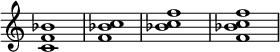 

{
\override Score.TimeSignature #'stencil = ##f
\relative c' { 
  \clef treble \time 4/4 <c f bes>1 <f bes c> <bes c f> <f bes c f>
} }
