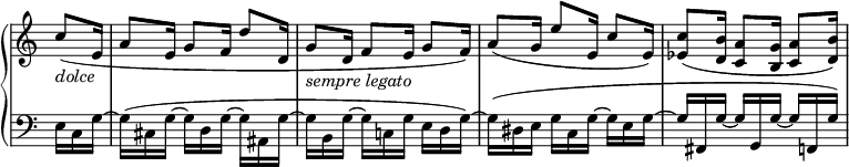 
 \relative c' {
  \new PianoStaff <<
   \new Staff \with { \remove "Time_signature_engraver" } { \key c \major \time 9/16 \partial 8.
    c'8_\markup \italic dolce ( e,16 a8 e16 g8 f16 d'8 d,16 g8_\markup { \italic { sempre legato } }  d16 f8 e16 g8 f16)
    a8( g16 e'8 e,16 c'8 e,16) <c' es,>8( <b d,>16 <a c,>8 <g b,>16 <a c,>8 <b d,>16)
   }
   \new Staff \with { \remove "Time_signature_engraver" } { \key c \major \time 9/16 \clef bass
    e,,16 c g'~ g( cis, g'~ g d g~ g ais, g'~ g b, g'~ g c,! g' e d g~) g( dis e g c, g'~ g e g~ g fis, g'~ g g, g'~ g f, g')
   }
  >>
 }
