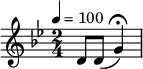 \relative c' {\time 2/4 \tempo 4 = 100 \key g \minor d8 d (g4)\fermata}