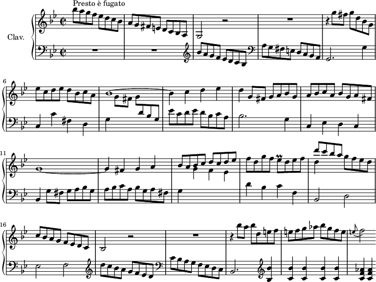 
\version "2.18.2"
\header {
  tagline = ##f
  % composer = "Domenico Scarlatti"
  % opus = "K. 373"
  % meter = "Presto è fugato"
}

%% les petites notes
trillEesp     = { \tag #'print { ees8\prall } \tag #'midi { f32 ees f ees } }

upper = \relative c'' {
  \clef treble 
  \key g \minor
  \time 2/2
  \tempo 2 = 96
  \set Staff.midiInstrument = #"harpsichord"
  \override TupletBracket.bracket-visibility = ##f

      s8*0^\markup{Presto è fugato}
      bes'8 a g f ees d c bes | a8 g fis e d c bes a | g2 r2 | R1 |
      % ms. 5
      r4 g''8 fis g d bes g | ees' c d ees d bes c a | bes1~ | bes4 c d ees |
      % ms. 9
      d4 g,8 fis g a bes g | a bes c a bes g a fis | g1~ | g4 fis g a | \stemUp
      % ms. 13
      bes8 a bes c d c d ees | \stemNeutral f d g f \trillEesp d8 ees f | << { d'8 c bes a } \\ { d,4 } >> g8 f ees d | c bes a g f ees d c | 
      % ms. 17
      bes2 r2 | R1 | r4 bes''8 a bes d, e f | e f g aes bes g f e | 
      % ms. 21
      \appoggiatura e8 f2

}

lower = \relative c' {
  \clef bass
  \key g \minor
  \time 2/2
  \set Staff.midiInstrument = #"harpsichord"
  \override TupletBracket.bracket-visibility = ##f

    % ************************************** \appoggiatura a16  \repeat unfold 2 {  } \times 2/3 { }   \omit TupletNumber 
      R1*2 |   \clef treble  bes'8 a g f ees d c bes |   \clef bass a8 g fis e d c bes a |
      % ms. 5
      g2. g'4 | c, c' fis, d | g \stemDown \change Staff = "upper"    g'8 fis g \stemUp \change Staff = "lower" d bes g | \stemNeutral ees' c d ees d bes c a | 
      % ms. 9
      bes2. g4 | c, ees d c | bes g'8 fis g a bes g | a bes c a bes g a fis |
      % ms. 13
      g4 \stemDown \change Staff = "upper"  g' f ees | \stemNeutral \change Staff = "lower" d bes c f, | bes,2 d | ees f |   \clef treble 
      % ms. 17
       d''8 c bes a g f ees d |   \clef bass  c bes a g f ees d c | bes2.   \clef treble  < bes' bes' >4 | < c bes' > q q q |
      % ms. 21
      < c f aes >4 q 

}

thePianoStaff = \new PianoStaff <<
    \set PianoStaff.instrumentName = #"Clav."
    \new Staff = "upper" \upper
    \new Staff = "lower" \lower
  >>

\score {
  \keepWithTag #'print \thePianoStaff
  \layout {
      #(layout-set-staff-size 17)
    \context {
      \Score
     \override SpacingSpanner.common-shortest-duration = #(ly:make-moment 1/2)
      \remove "Metronome_mark_engraver"
    }
  }
}

\score {
  \keepWithTag #'midi \thePianoStaff
  \midi { }
}
