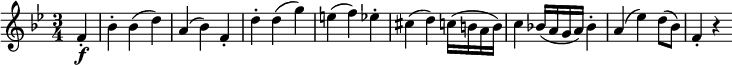  {\relative f' { \key bes \major \time 3/4
\partial 4 f4-. \f | bes4-. bes( d) | a4( bes) f-. | d'4-. d( g) | e4( f) es-.
cis4( d) c16( b a b) | c4 bes!16( a g a) bes4-. | a4( es') d8( bes) | f4-. r }}