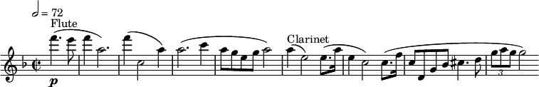 
  \relative c'' { \clef treble \time 2/2 \key f \major \tempo 2 = 72 \partial 2*1 f'4.(^"Flute"\p e8 | f4 a,2.) | f'4( c,2 a'4) | a2.( c4 | a8 g e g a2) | a4(^"Clarinet" e2) e8.( a16 | e4 c2) c8.( f16 | c8 d, g bes cis4. d8 | \times 2/3 {g a g} g2) }
