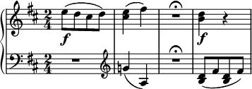 
 { \new PianoStaff <<
    \new Staff = "RH" \relative c'' { \key d \major  \time 2/4
      e8\f([ d cis d]) | <e cis >4( fis) | R2\fermata | <d b>4\f r4 |}
    \new Staff = "LH" \relative c' { \clef bass \key d \major  \time 2/4 
      R2 | \clef treble g'!4( a,) | R2\fermata | <d b>8([ fis <d b> fis)]|}
   >> }
