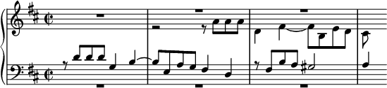 
\language "english"
{
 <<
   \new PianoStaff <<
     \new Staff = "RH" \relative c'' {\key d \major \time 2/2
       R1 | << {R1} \\ {r2 r8 a a a} >> | << {R1} \\ {d,4 fs~ fs8 b, e d} >> | << {s4} \\ {cs8} >> }
     \new Staff = "LH" \relative c {\key d \major \clef bass \time 2/2
       << {r8 d' d d g,4 b~} \\ {R1} >> | << {b8 e, a g fs4 d} \\ {R1} >> | << {r8 fs b a gs2} \\ {R1} >> | << {a4} \\ {s4} >>}
   >>
 >>
}