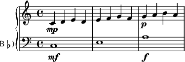
\new GrandStaff <<
  \new Staff = "violin" {
 {
      \set Staff.midiInstrument = #"violin"
      % not strictly necessary, but a good reminder
      \transposition c'
      \key c \major 
       c'\mp d' e' d' e' f' g' f' g'\p a' b' a'
    }
  }
  \new Staff = "clarinet" {
\clef bass
      \relative c'' {
      \set Staff.instrumentName = \markup { Cl (B\flat) }
      \set Staff.midiInstrument = #"clarinet"
      \transposition bes
      \key c \major
      c,,1 \mf e1 a1\f
    }
  }
>>
