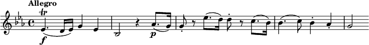 
\relative c' {
  \tempo "Allegro"
  \key es \major
  es4.\f\trill( d16 es) g4 es |
  bes2 r4 as'8.(\p g16) |
  g8-. r es'8.( d16) d8-. r c8.( bes16) |
  bes4.( c8) bes4-. as-. |
  g2
}
