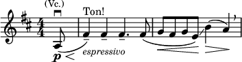  \relative c' { \clef treble \key d \major \numericTimeSignature \time 4/4 \partial 8*1 \once \override Hairpin.minimum-length = #5 a8\p\<(\downbow^\markup{\center-align \smaller (Vc.)} fis'4--)\!^\markup "Ton!"_\markup \italic \smaller espressivo fis-- fis4.-- fis8( | g\< fis g e)\!\glissando b'4(\> a)\!\breathe } 