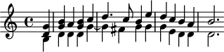 
\version "2.18.2"
\header {
  tagline = ##f
  % composer = "Johann Pachelbel"
  % opus = "Christus, der ist mein Leben, P.376"
  % meter = ""
}

\score {
<<
  \relative c' {
   %  \clef bass
    \key c \major
    \time 4/4
    \override TupletBracket #'bracket-visibility = ##f 

     %s8*0^\markup{Aria}
     \partial 4
     << { < d g >4 < g b > a < g b > c | d4. c8 b4 e | d c b a | b2. } \\ { b,4 d d d g~ | g fis g g | g e d d d2. } >>

  }
>>
  \layout {
     #(layout-set-staff-size 17)
     \context { \Score \remove "Metronome_mark_engraver" 
     \override SpacingSpanner.common-shortest-duration = #(ly:make-moment 1/2)
     }
  }
}
