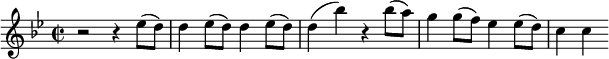 
{
\key g \minor
\time 2/2
  r2 r4 es''8( d''8)
  d''4 es''8( d''8) d''4 es''8( d''8) 
  d''4( bes''4) r4 bes''8( a''8)
  g''4 g''8( f''8) es''4 es''8( d''8)
  c''4 c''4
  }
 