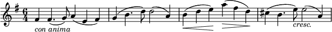 \relative c' {
\time 6/4
\key g \major
fis4_\markup{\italic "con anima"} fis4.( g8) a4( e fis) | g( b4. d8) d2( a4) | b4(\< d e)\! a(\> fis d)\! | cis4( b4. e8)_\markup{\italic "cresc."} e2( a,4) |
}