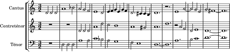 
\version "2.18.2"
\header {
  tagline = ##f
}
global= {
  \time 3/2
  \key c \major
}

Cantus = \new Voice \relative c' {
  \set Staff.instrumentName = #"Cantus"
  \set Staff.midiInstrument = #"piccolo" %orchestral harp"
  \tempo 2 = 120
 
    d2 d d a'1 bes2 a g f e1 d2 e4 f g e g f d2. cis4 cis b d1. r1. |
    e1 a2~ a  g e g fis1~ fis1.
  
    %\addlyrics { Ver- ge- ne bel- la che_ di sol ve- sti----- ta co--- ro- na- ta--   } % impossible de mettre le texte pour l'instant...
   
}

Contretenor = \new Voice \relative c' {
  \set Staff.instrumentName = #"Contreténor"
  \clef treble
  \set Staff.midiInstrument = #"orchestral harp" %recorder"
 
  R1.*2 d2 d d a'1 d2 c b1 a gis2 a1. d | 
  r2 a2 f d e1 d1.~ d

}

Tenor = \new Voice \relative c {
  \set Staff.instrumentName = #"Ténor"
  \clef bass
  \set Staff.midiInstrument = #"dulcimer"

  R1. d2 d d a'1 a2 c1 bes2 a g1 f2 e1 d1.~ d |
  a'1. b2 c1 d1.~ d

}

\score {
  \new StaffGroup <<
    \new Staff << \global \Cantus >>
    \new Staff << \global \Contretenor >>
    \new Staff << \global \Tenor >>
  >>
  \layout {
    \context {
      \Score
      \remove "Metronome_mark_engraver"
      \override SpacingSpanner.common-shortest-duration = #(ly:make-moment 1/2)
    }
  }
  \midi { }
}
