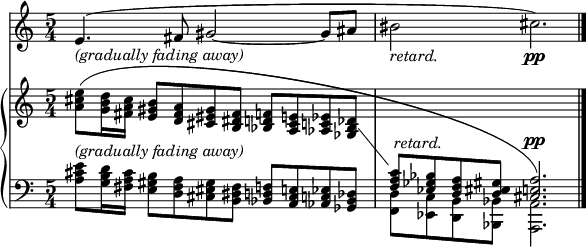   <<
    \new Staff \with {
    \override VerticalAxisGroup.default-staff-staff-spacing.padding = #3
	}
	\relative c' {
	\override VerticalAxisGroup.staff-staff-spacing.basic-distance = #100
    \set Score.tempoHideNote = ##t
    \numericTimeSignature
    \tempo 4 = 66
    \set Staff.midiInstrument = #"alto sax"
    \time 5/4 
    e4.-\markup {\italic "(gradually fading away)"} (fis8 gis2 ~ gis8 ais bis2-\markup {\italic "retard."} cis2.)\pp
	}
    \new GrandStaff <<
    \new Staff = "a" 
	\relative c'' {
    \set Staff.midiInstrument = #"piano"
    \showStaffSwitch
	\override Slur.details.edge-attraction-factor = 1000 <a cis e>8 (<g b d>16 <fis a cis> <e gis b>8 [<d fis a> <cis eis gis> <b dis fis>] <bes d f> [<a cis e> <aes c ees> <ges bes des>] 
    \change Staff = "b"
    \stemUp
    <f a c>^\markup {\null \raise #4 \italic "retard."} [<ees ges bes> <d f a> <d eis gis>] \override DynamicLineSpanner.staff-padding = #5.5 <cis e a>2.)^\pp 
 }
	\new Staff = "b" \relative c' {
    \set Staff.midiInstrument = #"piano"
    \clef bass
    <a cis e>8^\markup {\italic "(gradually fading away)"} <g b d>16 <fis a cis> <e gis b>8 [<d fis a> <cis eis gis> <b dis fis>] <bes d f> [<a cis e> <aes c ees> <ges bes des>] 
    \stemDown
    <f d'> [<ees c'> <d b'> <bes bes'>] <a a'>2.
    \bar "|."
 }
 >>
>>
