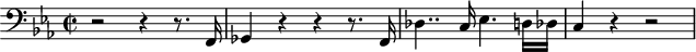 
\header {
  tagline = ##f
}

\score {
  \new Staff \with {

  }
<<
  \relative c {
    \clef treble
    \key ees \major
    \time 2/2
    \tempo 2 = 60
    \override TupletBracket #'bracket-visibility = ##f 
    %\autoBeamOff
    \set Staff.midiInstrument = #"string ensemble 1"

     %%%%%%%%%%%%%%%%%%%%%%%%%% AB 8-1 th1
     \clef bass r2 r4 r8. f,16 ges4 r4 r4 r8. f16 des'4.. c16 ees4. d!16 des c4 r4 r2 %%%% r2 r4 r8. d!16 ees4

  }
>>
  \layout {
    \context { \Score \remove "Metronome_mark_engraver"
    }
  }
  \midi {}
}
