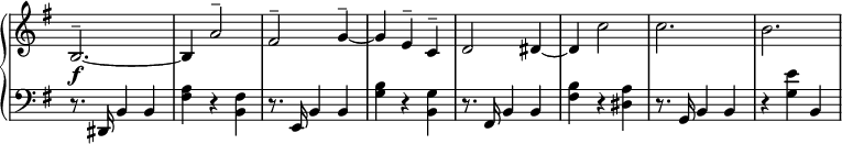 
\relative c' {
  \new PianoStaff <<
   \new Staff \with { \remove "Time_signature_engraver" } { \key e \minor \time 3/4 \set Score.tempoHideNote = ##t \tempo "" 2=86
    b2.^-~ b4 a'2^- fis^- g4^-~ g e^- c^- d2 dis4~ dis c'2 c2. b
   }
   \new Dynamics {
    s8-\f
   }
   \new Staff \with { \remove "Time_signature_engraver" } { \key e \minor \time 3/4 \clef bass
    r8. dis,,,16 b'4 b <a' fis> r <fis b,> r8. e,16 b'4 b <b' g> r <g b,>
    r8. fis,16 b4 b <b' fis> r <a dis,> r8. g,16 b4 b r <e' g,> b,
   }
  >>
 }
