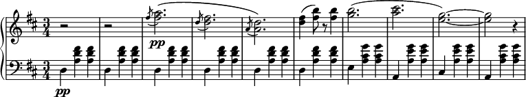 
 \relative b' {
  \new PianoStaff <<
   \new Staff { \key b \minor \time 3/4  \set Score.tempoHideNote = ##t \tempo 4 = 120
    \tempo \markup { \column { \line { Moderate waltz tempo } } }
    r2 s4 r2 s4 \slashedGrace fis'8( <fis a>2.\pp)\( \slashedGrace d8( <d fis>2.) \slashedGrace a8( <a d>2.)\) <d fis>4( <fis b>8) r <fis b>4 <g b>2.( <a cis>2. <e g>2.~) <e g>2 r4
   }
   \new Dynamics { }
   \new Staff { \key b \minor \time 3/4 \clef bass
    d,,4\pp <a' d fis> <a d fis> d, <a' d fis> <a d fis> d, <a' d fis> <a d fis> d, <a' d fis> <a d fis> d, <a' d fis> <a d fis> d, <a' d fis> <a d fis> e <a cis g'> <a cis g'> a, <a' e' g> <a e' g> cis, <a' e' g> <a e' g> a, <a' cis g'> <a cis g'>
   }
  >>
 }
