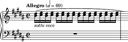 
\new PianoStaff <<
\new Staff = "Up" <<
\new Voice \relative c' {
\clef treble
\tempo "Allegro" 2=69
\key gis \minor
\time 2/2
<b' dis>16_\markup{\italic sotto \italic voce} ([<cis e> <b dis> <cis e>] <b dis> <cis e> <b dis> <cis e> <b dis> [<cis e> <b dis> <cis e>] <b dis> <cis e> <b dis> <cis e> \hide r16)
}
>>
\new Staff = "Down" <<
\new Voice \relative c{
\clef bass
\key gis \minor
R1 s16
}
>>
>>
